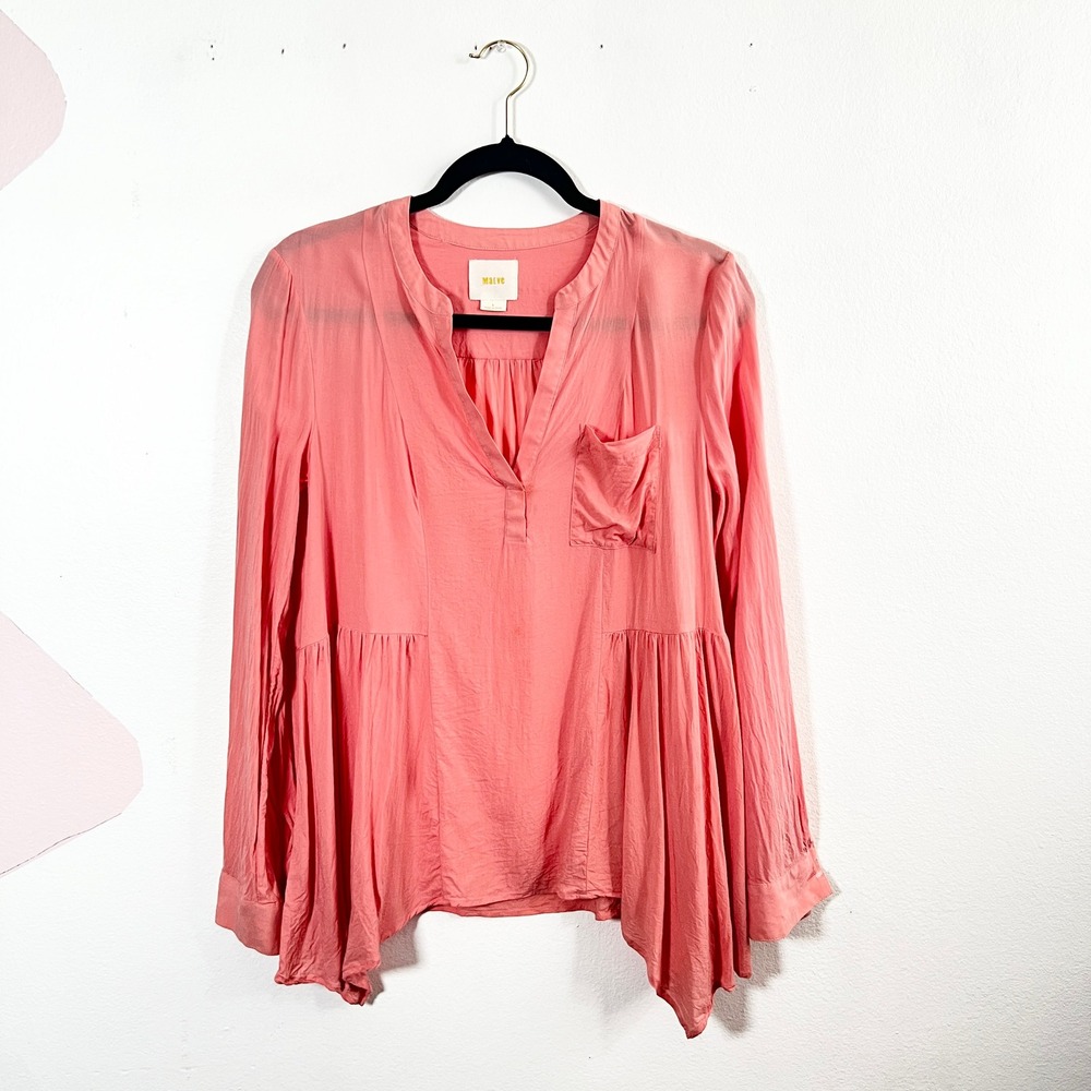 Maeve Anthropologie Blouse Top Womens 6 Coral Asymmetrical Long Sleeve‎